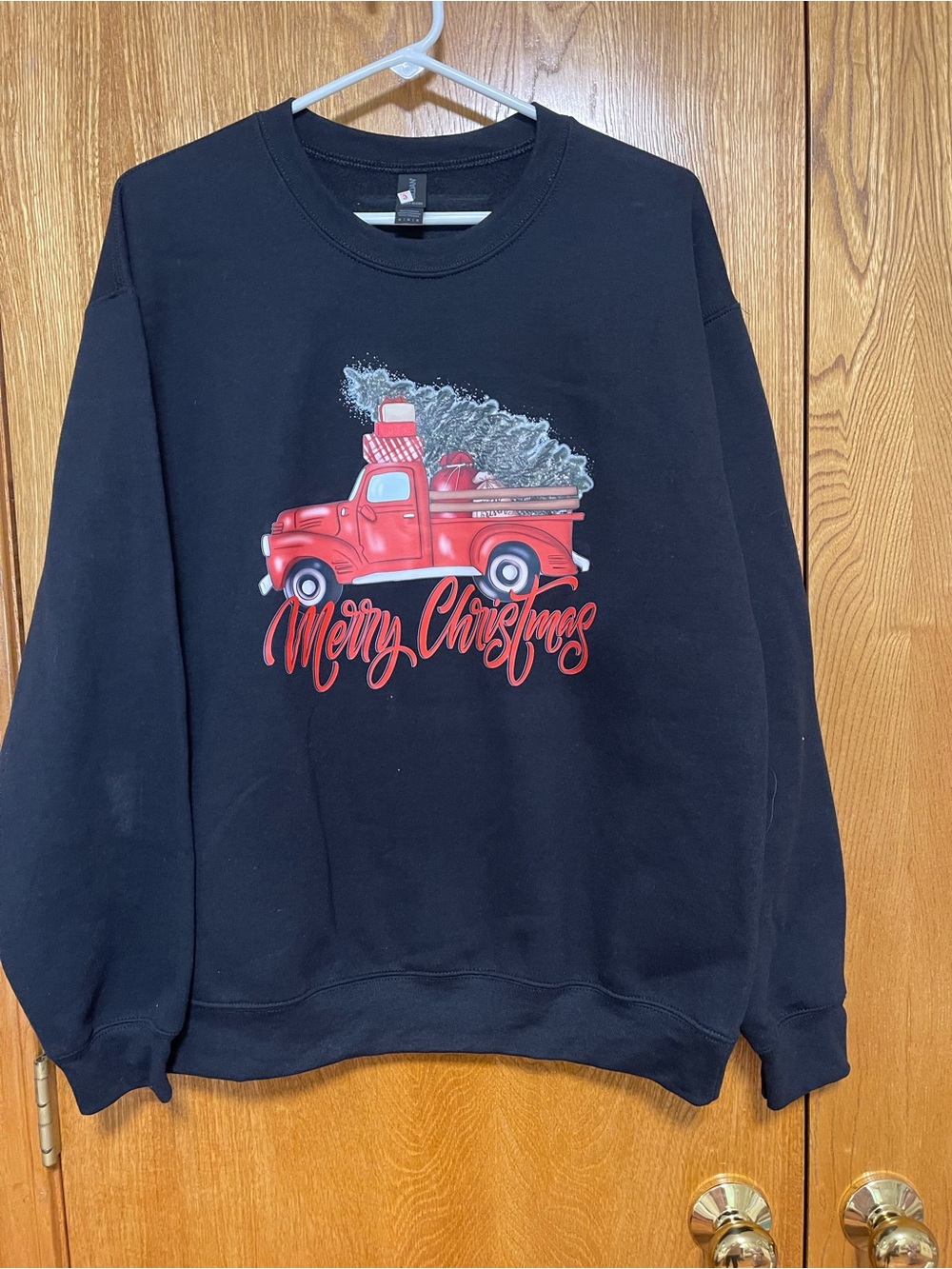 Gildan Black Crewneck Sweatshirt with Red Truck Christmas Graphic